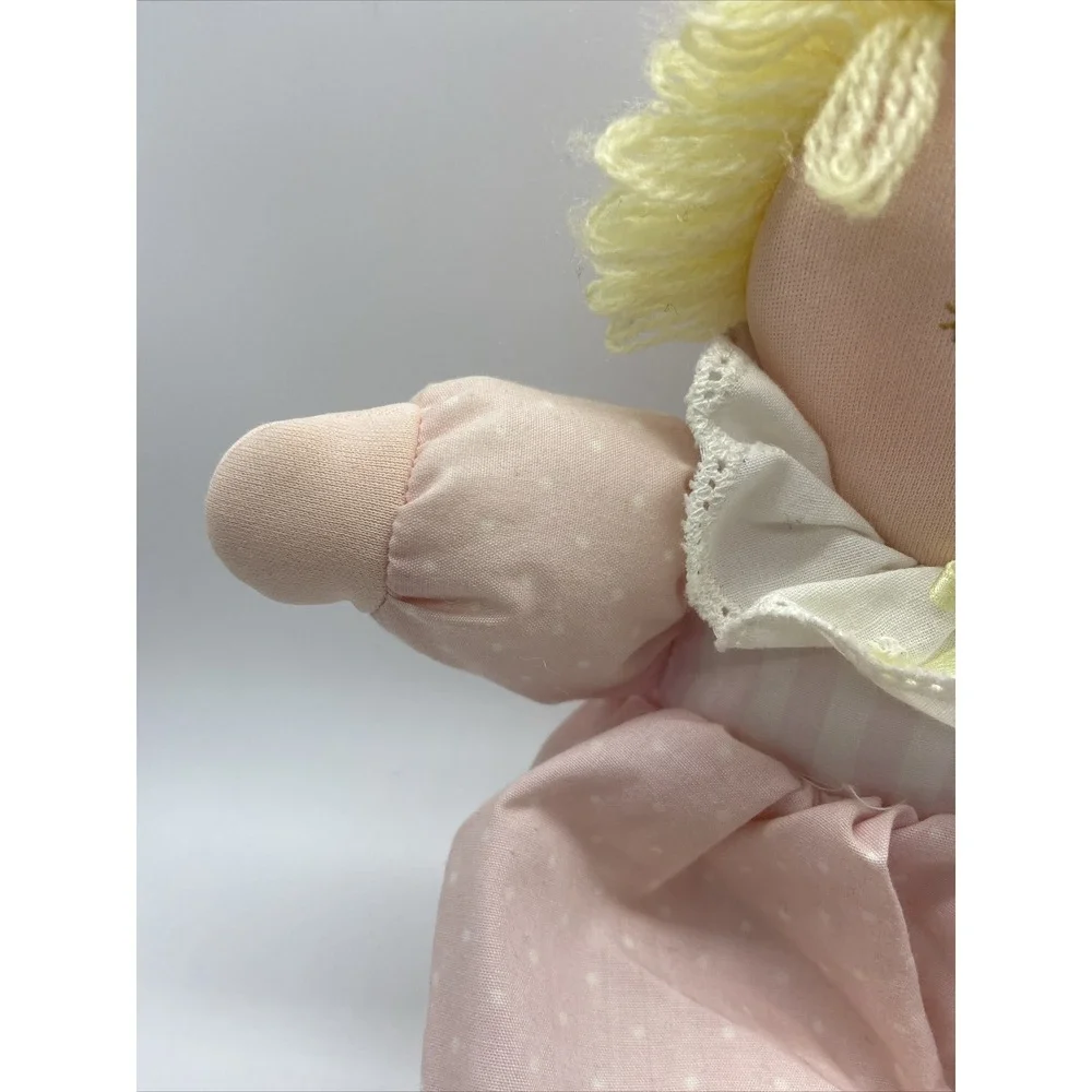 Vintage Eden Plush Rag Doll Yellow Yarn Hair Pink Polka Dot Dress Lace Collar